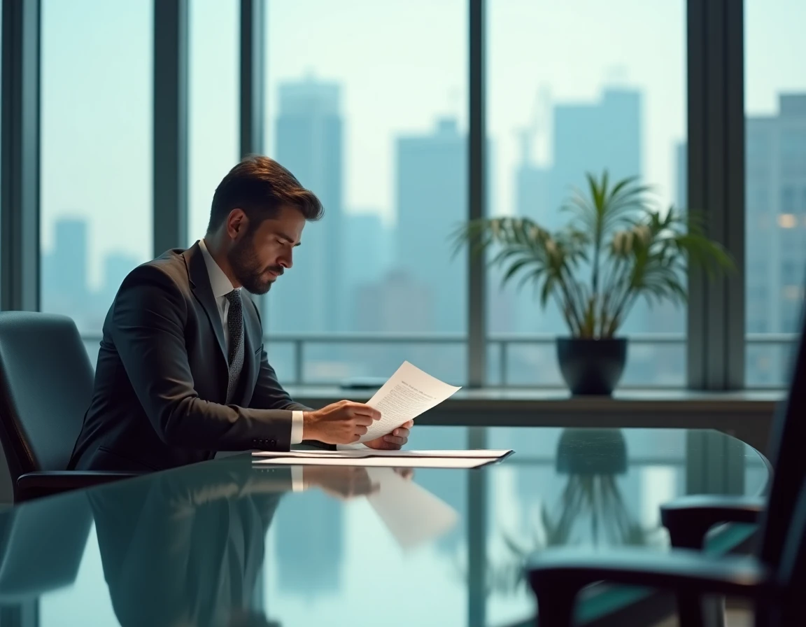 Agent de booking masculin en costume consultant un contrat dans un bureau moderne avec vue sur la ville