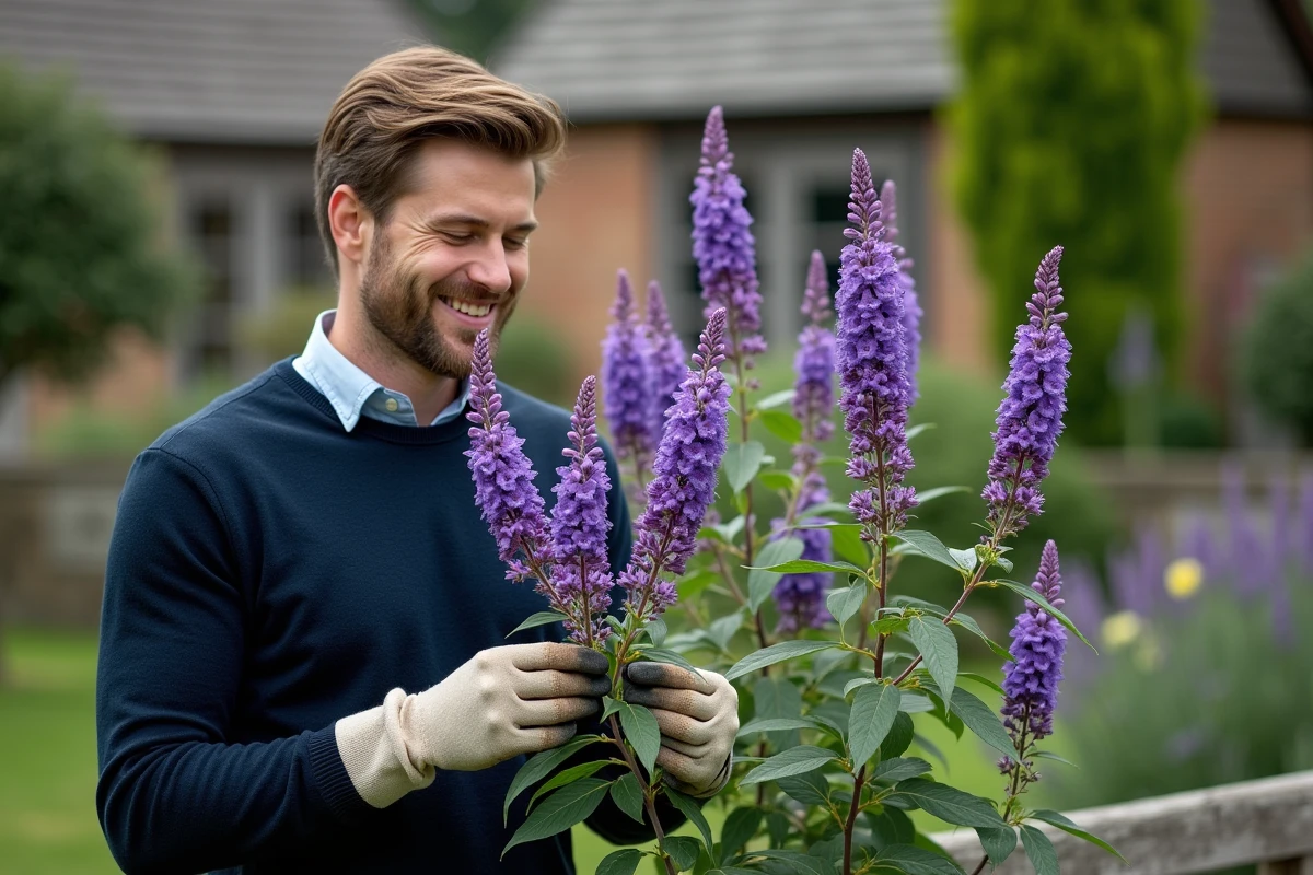 Homme admirant un arbre à papillon en pleine floraison avec épis de fleurs violettes dans un jardin de campagne