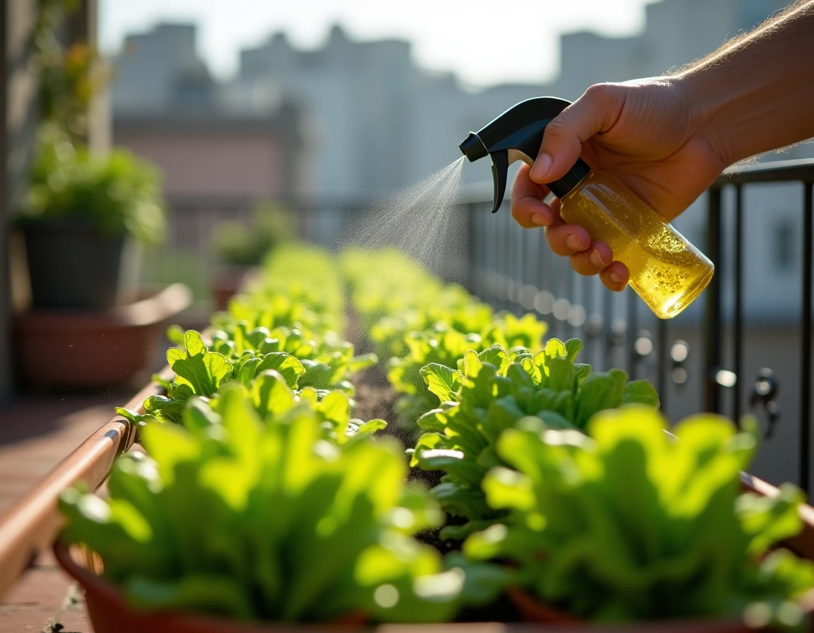 Mains d'homme arrosant des rangées de salades et roquette dans un bac en terre cuite sur un balcon