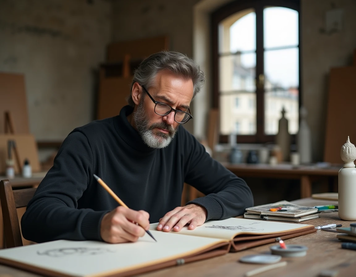 Artiste contemporain dans son atelier parisien travaillant sur des esquisses entouré de matériaux créatifs