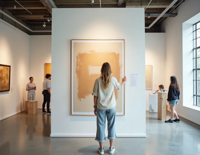 Artiste contemporaine accrochant une toile abstraite dans une galerie d'art parisienne lors d'une exposition