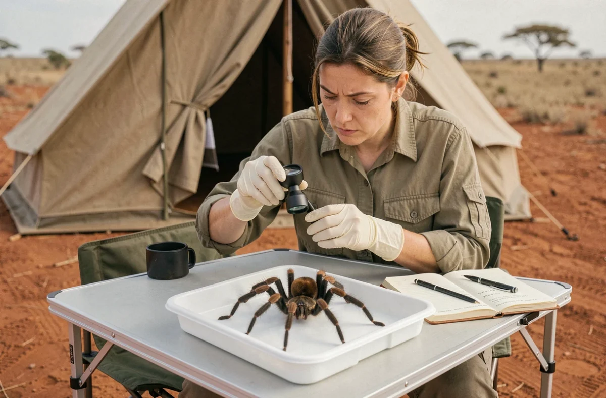 Biologiste examinant une araignée couteau africaine sur un plateau de spécimens lors d'une étude de terrain en Afrique de l'Est
