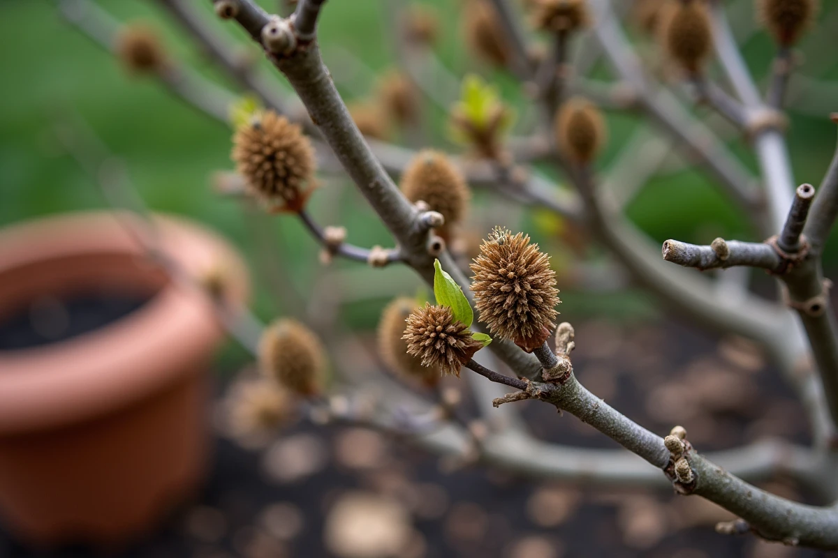 Gros plan sur les tiges d'un arbre à papillon avec bourgeons naissants et têtes de graines séchées au printemps