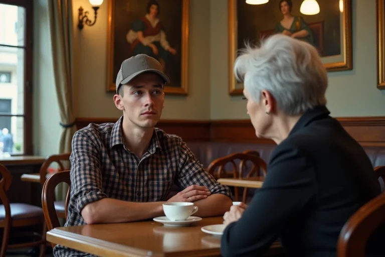 Jeune homme dans un café parisien avec une femme âgée