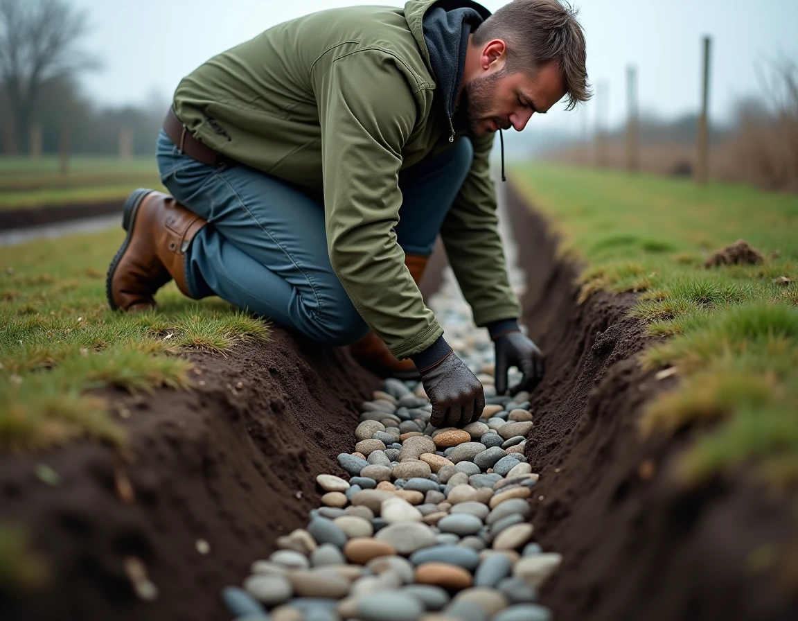 Homme aménageant des canaux de drainage en cailloux pour récupérer et rediriger l'eau de pluie vers une citerne enterrée dans un potager