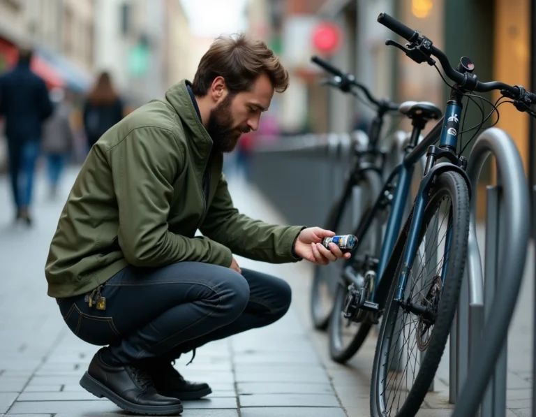 Homme changeant le code d'un antivol à combinaison Decathlon sur un vélo de montagne en milieu urbain