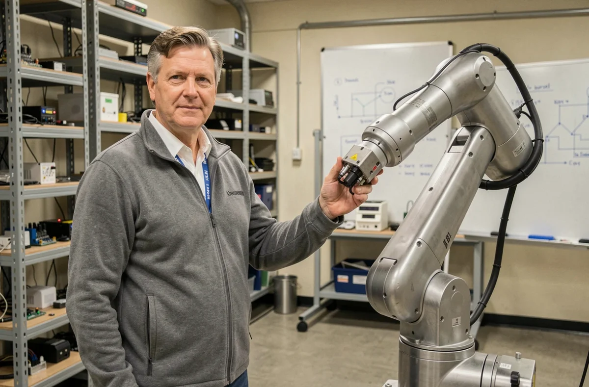 Chercheur en robotique démontrant un protocole de sécurité avec un bras robotique collaboratif dans un laboratoire universitaire d'intelligence artificielle