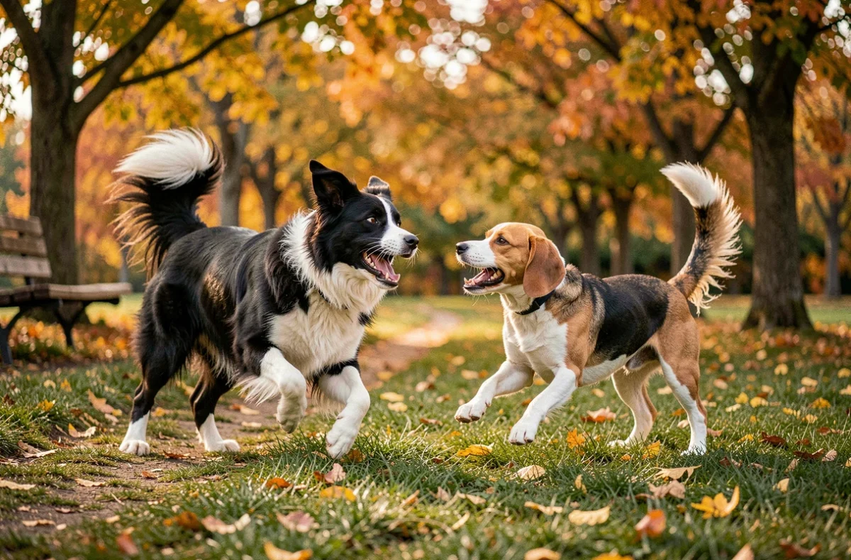 Deux chiens de races différentes jouant ensemble dans un parc en automne, illustration du bien-être canin