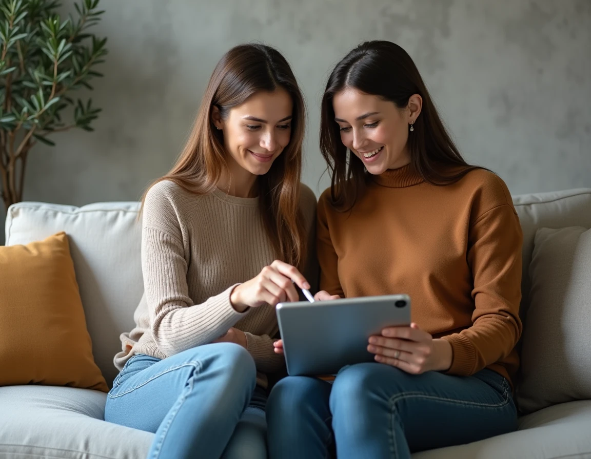 Deux femmes collaborant sur Liloo BSK via une tablette dans un salon moderne et décontracté