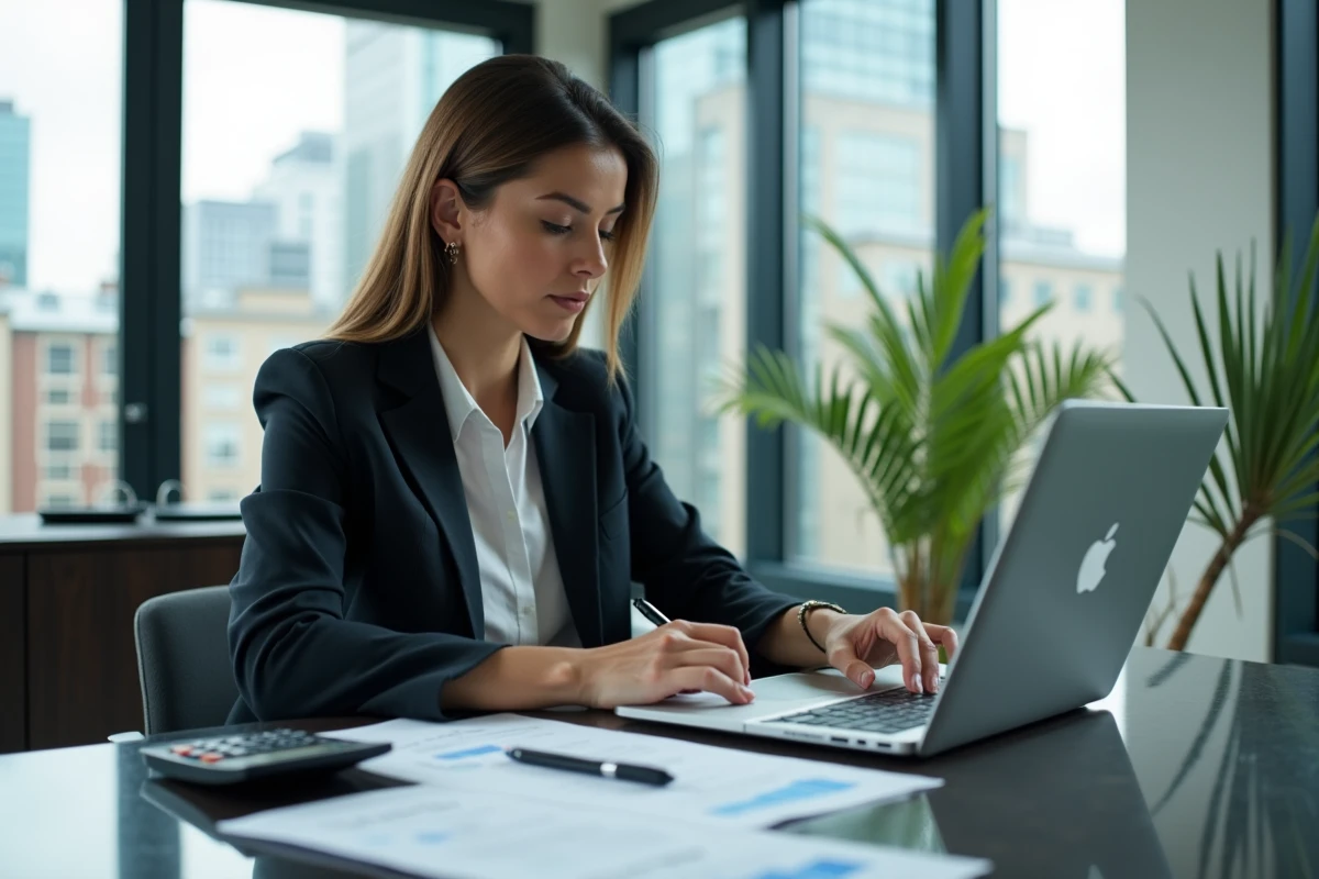 Femme comptable travaillant sur un ordinateur dans un bureau moderne