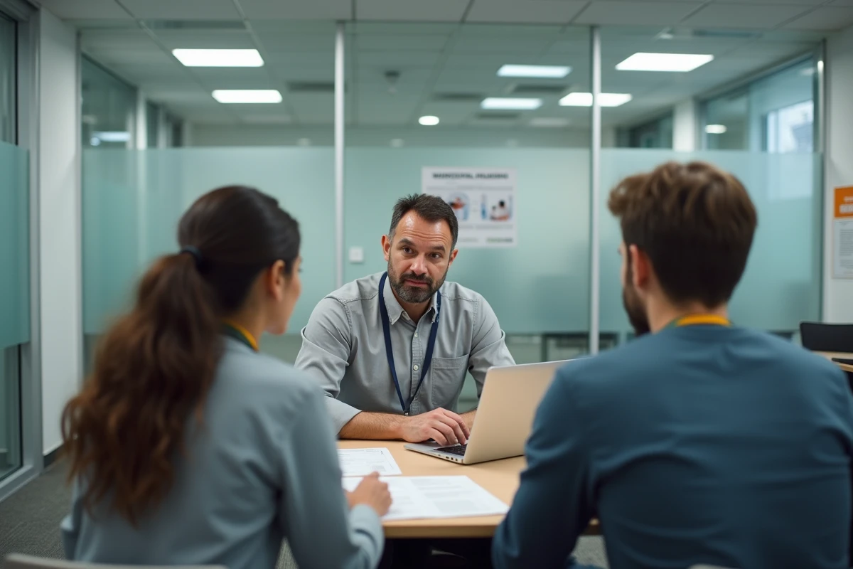 Conseiller logement social en consultation avec un couple de demandeurs dans un bureau municipal
