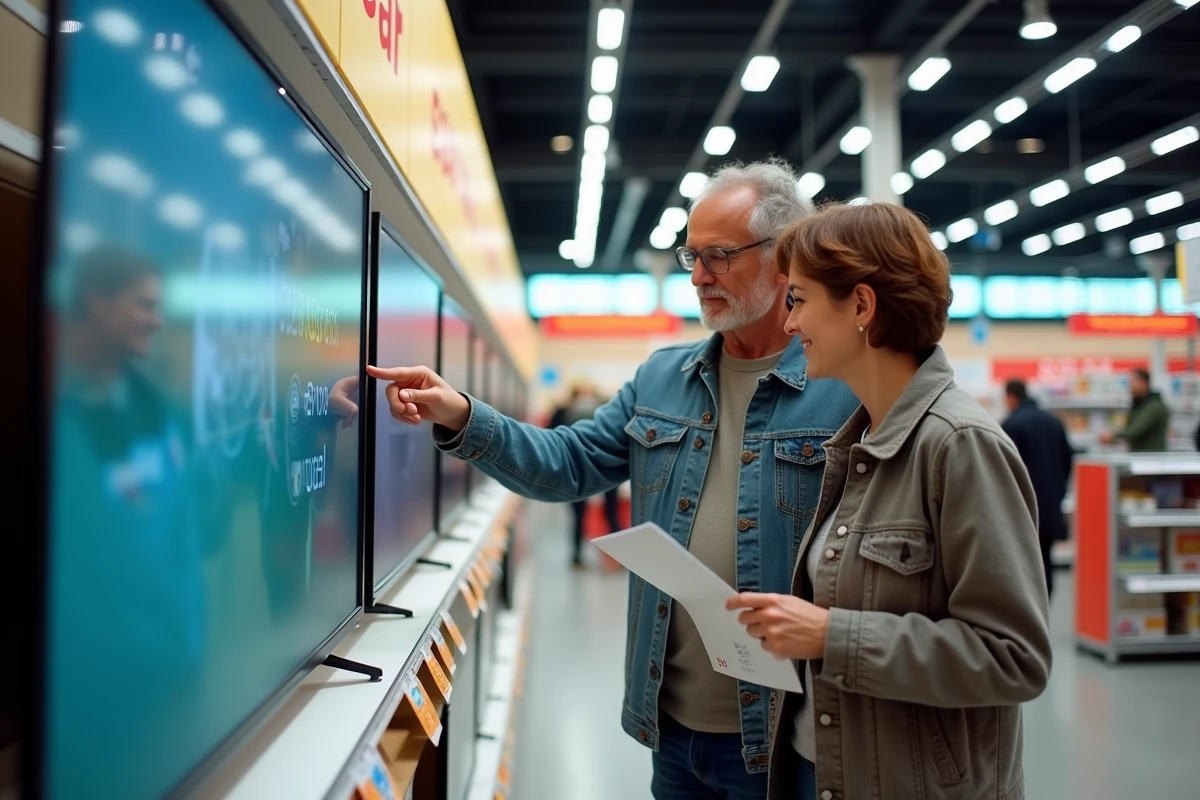 Couple en train de choisir un grand écran TV chez Leclerc en utilisant l'option de chèque différé 2026