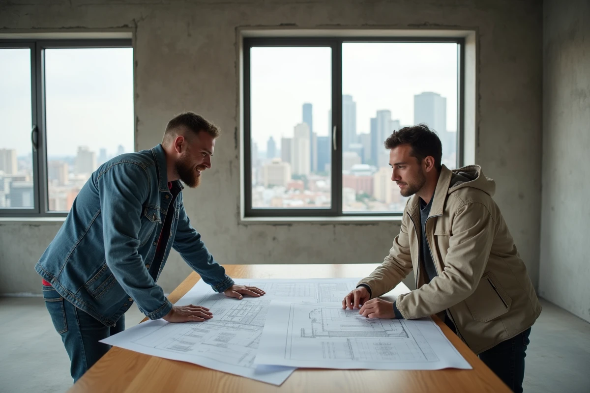 Couple de jeunes acheteurs examinant des plans architecturaux dans un appartement vide avec vue sur la ville