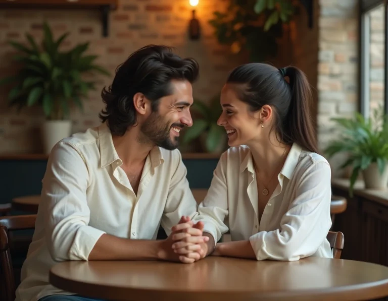 Couple complice partageant un moment de conversation intime dans un café bistro parisien chaleureux
