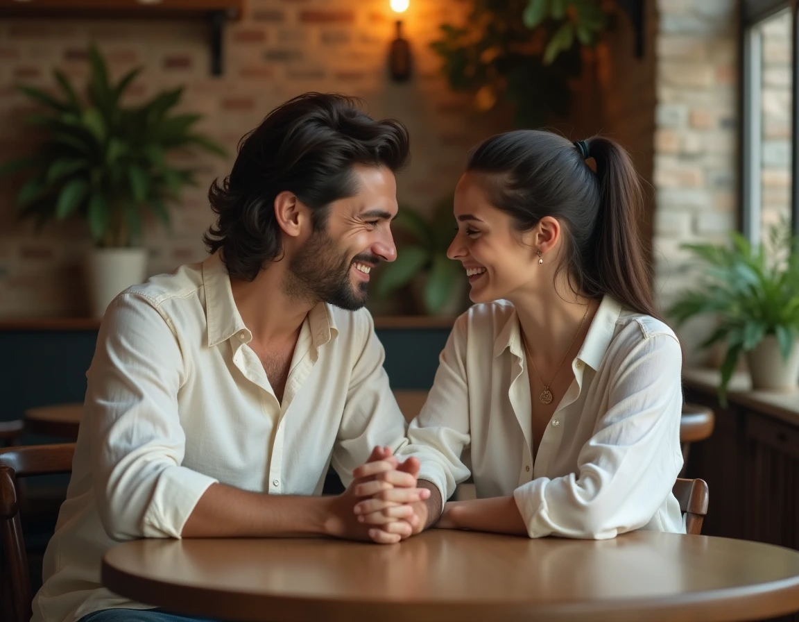 Couple complice partageant un moment de conversation intime dans un café bistro parisien chaleureux