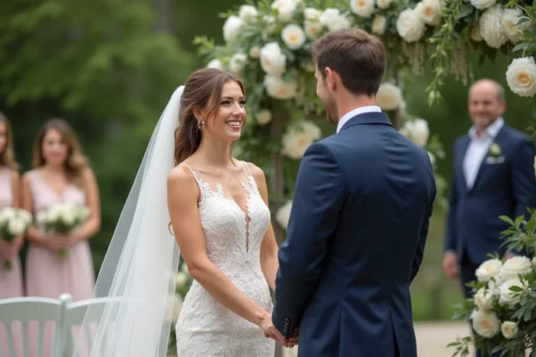 Jeune couple marié dans un jardin en plein air