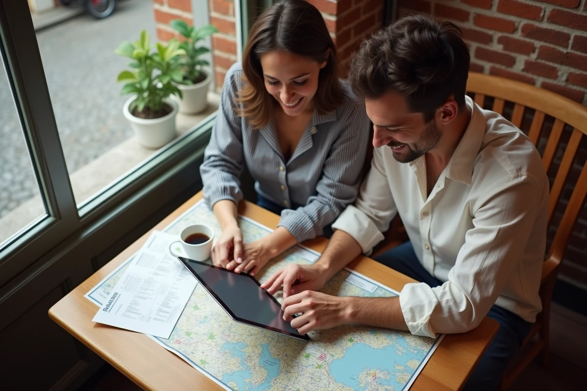 Couple planifiant un voyage et comparant des offres en ligne dans un café