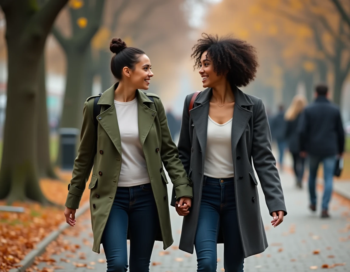 Couple souriant et complice se promenant dans une allée de parc urbain en automne, partageant un éclat de rire naturel