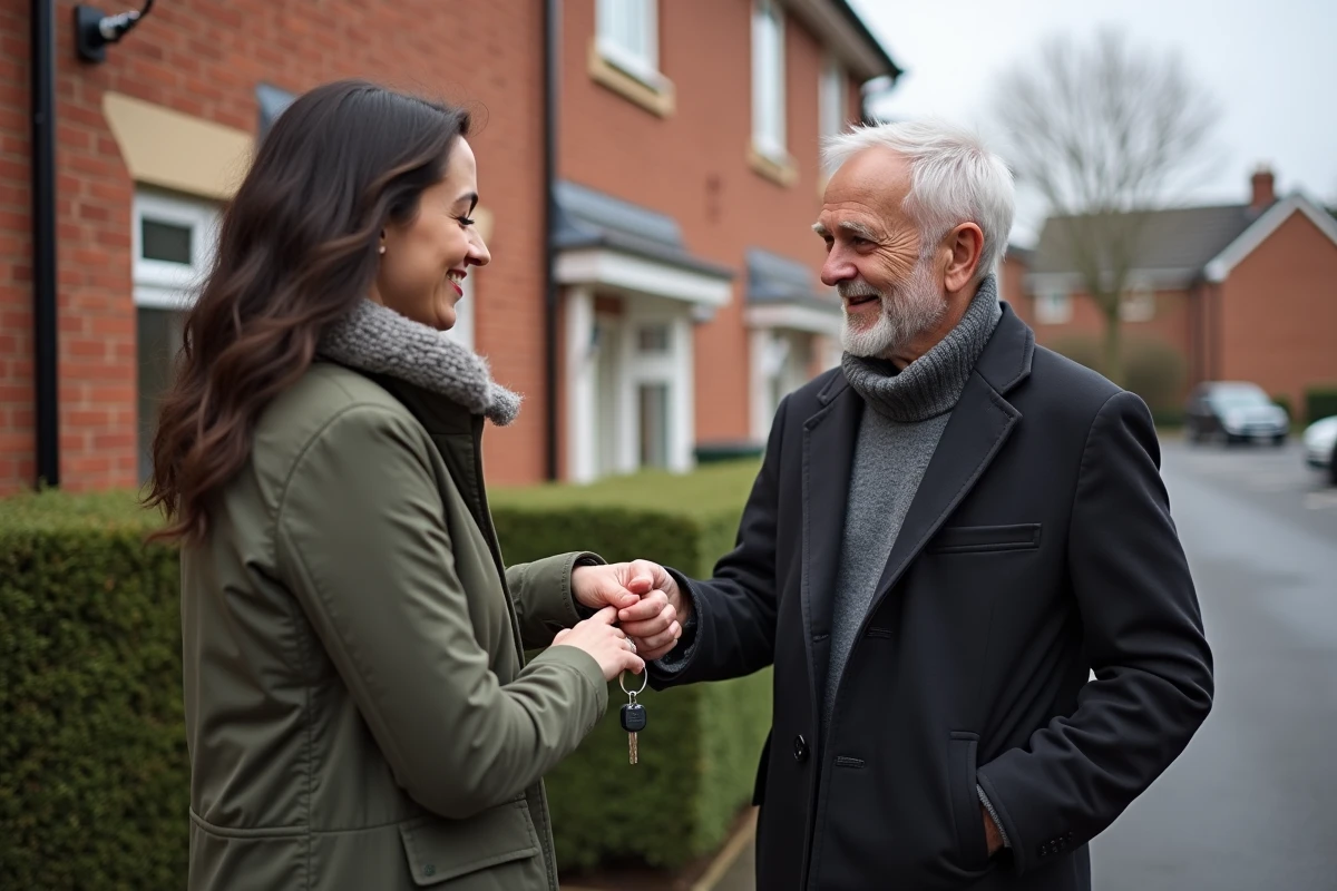 Couple confiant échangeant clés devant maison