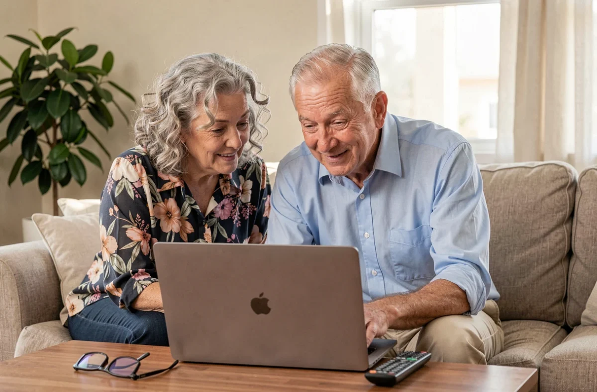 Couple de seniors consultant ensemble des services de santé en ligne sur un ordinateur portable