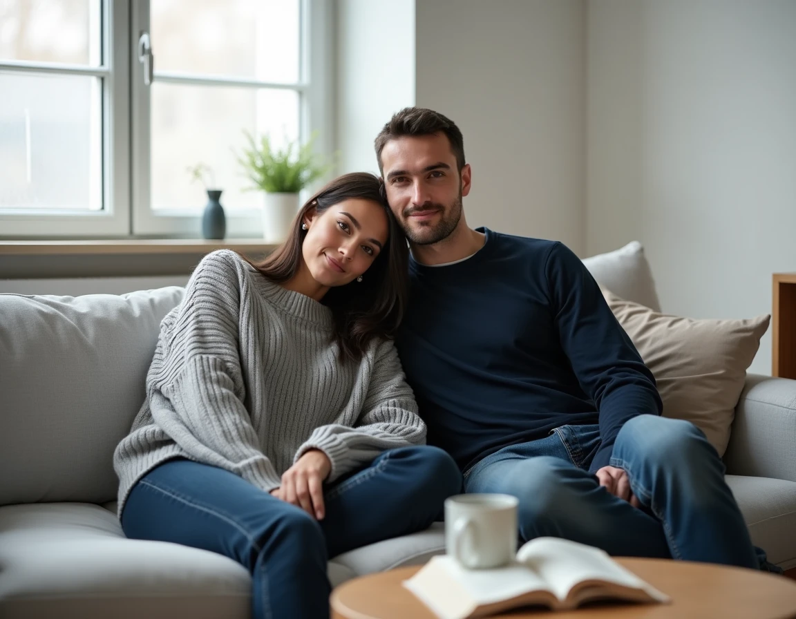Couple détendu et complice dans un salon minimaliste moderne, partageant un moment de tendresse authentique