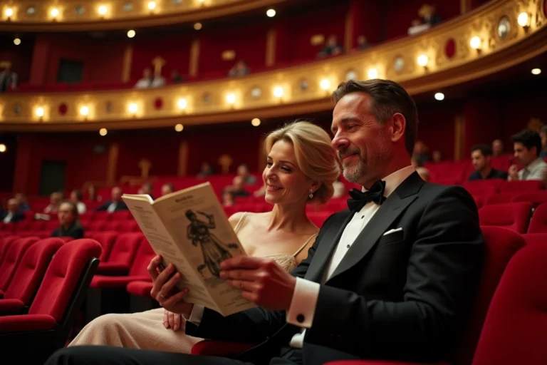 Couple élégant dans le théâtre PalaisRoyal regardant un programme