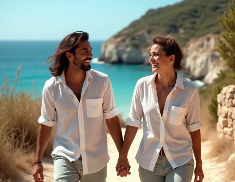 Couple en vacances se promenant main dans la main sur un sentier côtier méditerranéen