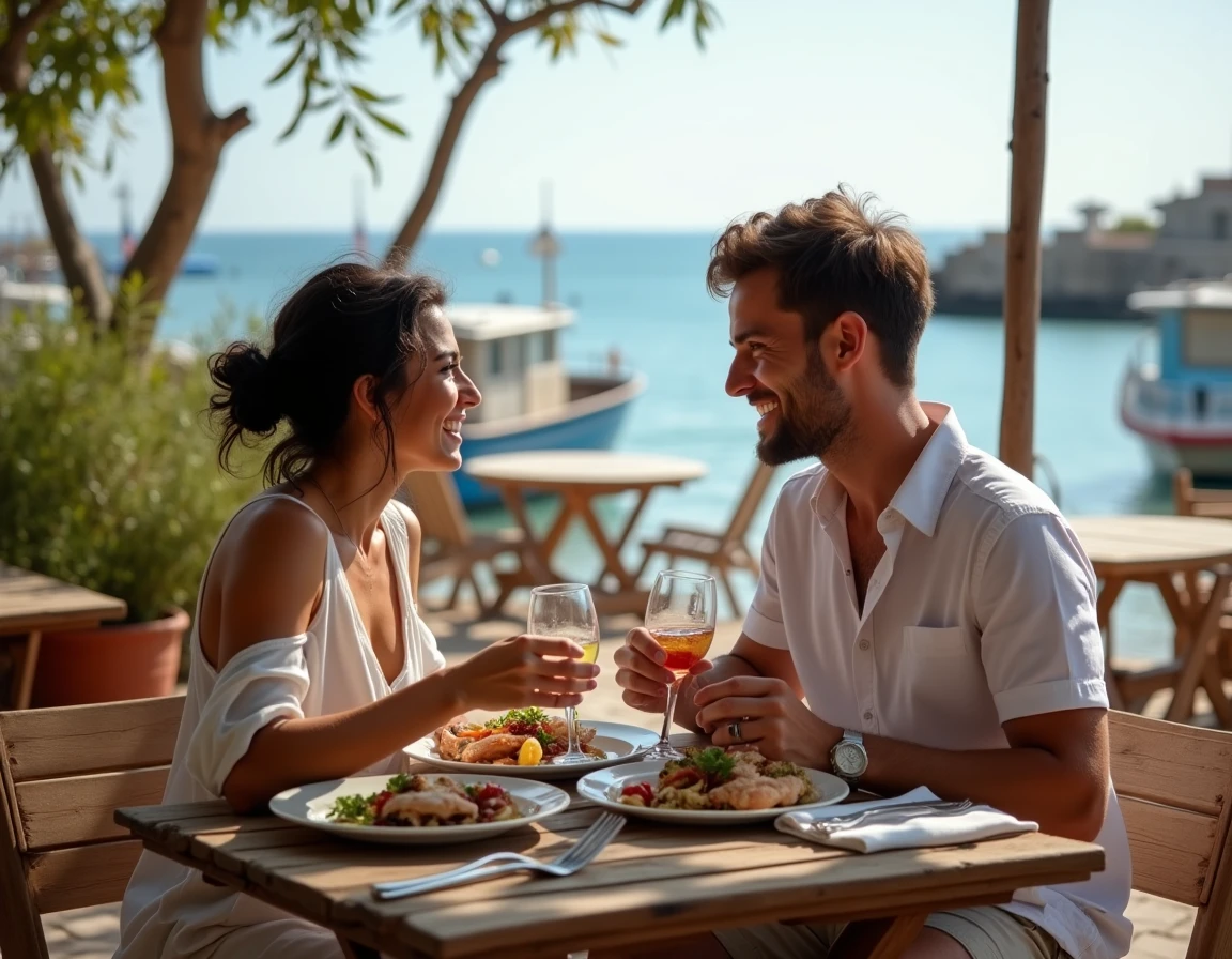 Couple en vacances déjeunant en terrasse dans un restaurant de bord de mer