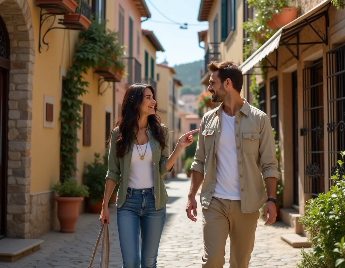 Couple en vacances découvrant une ruelle pittoresque d'un village perché