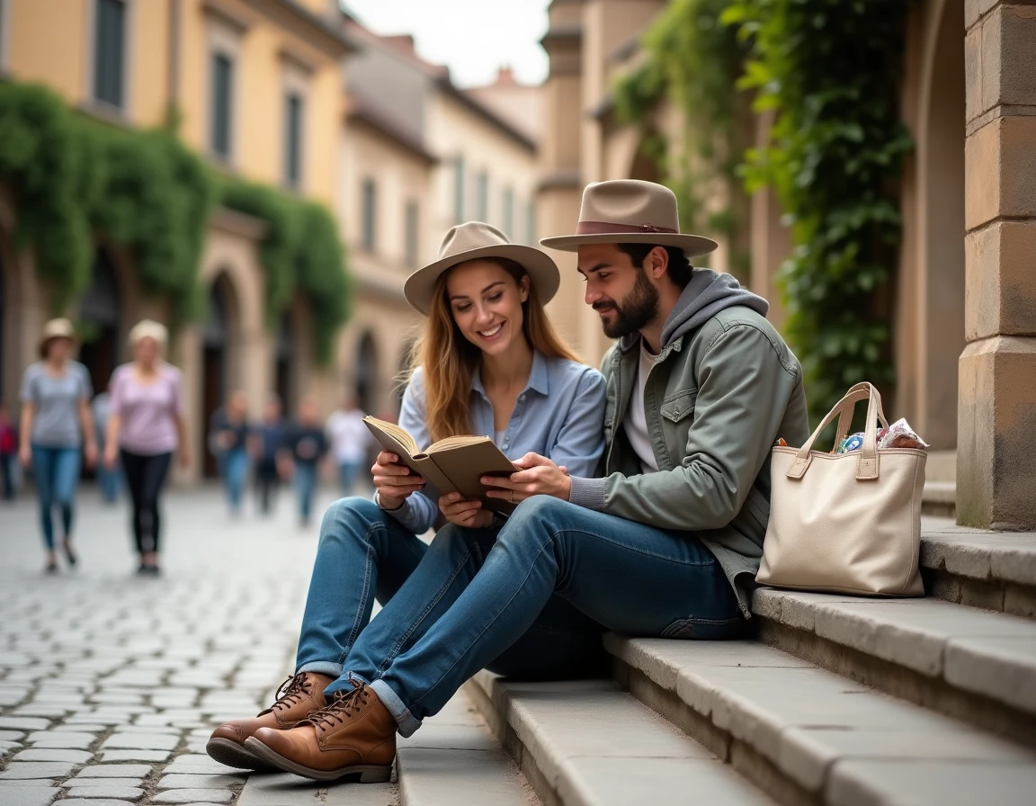 Couple de voyageurs consultant un guide touristique sur les marches d'un monument historique européen