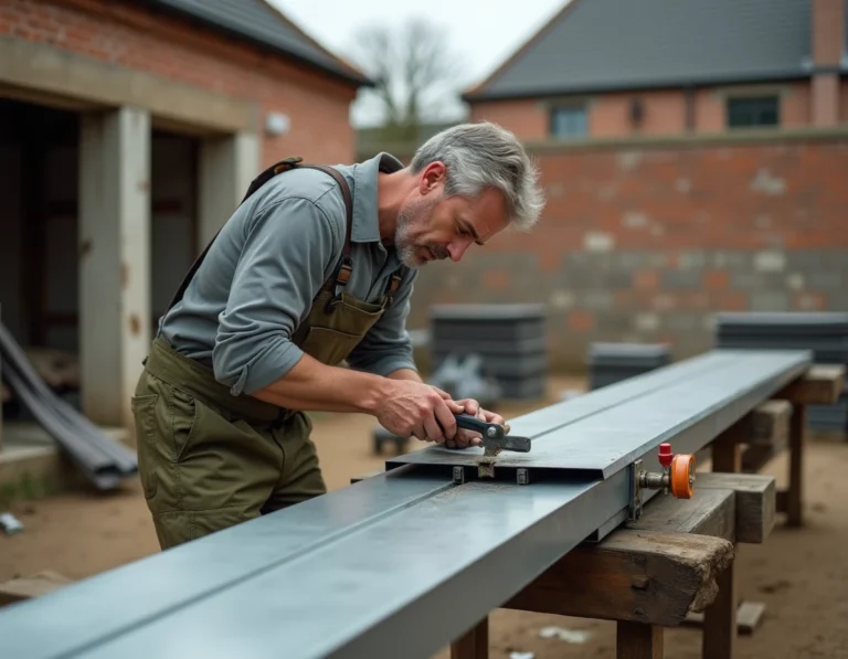 Artisan découpant une gouttière en zinc avec une cisaille sur un chantier résidentiel