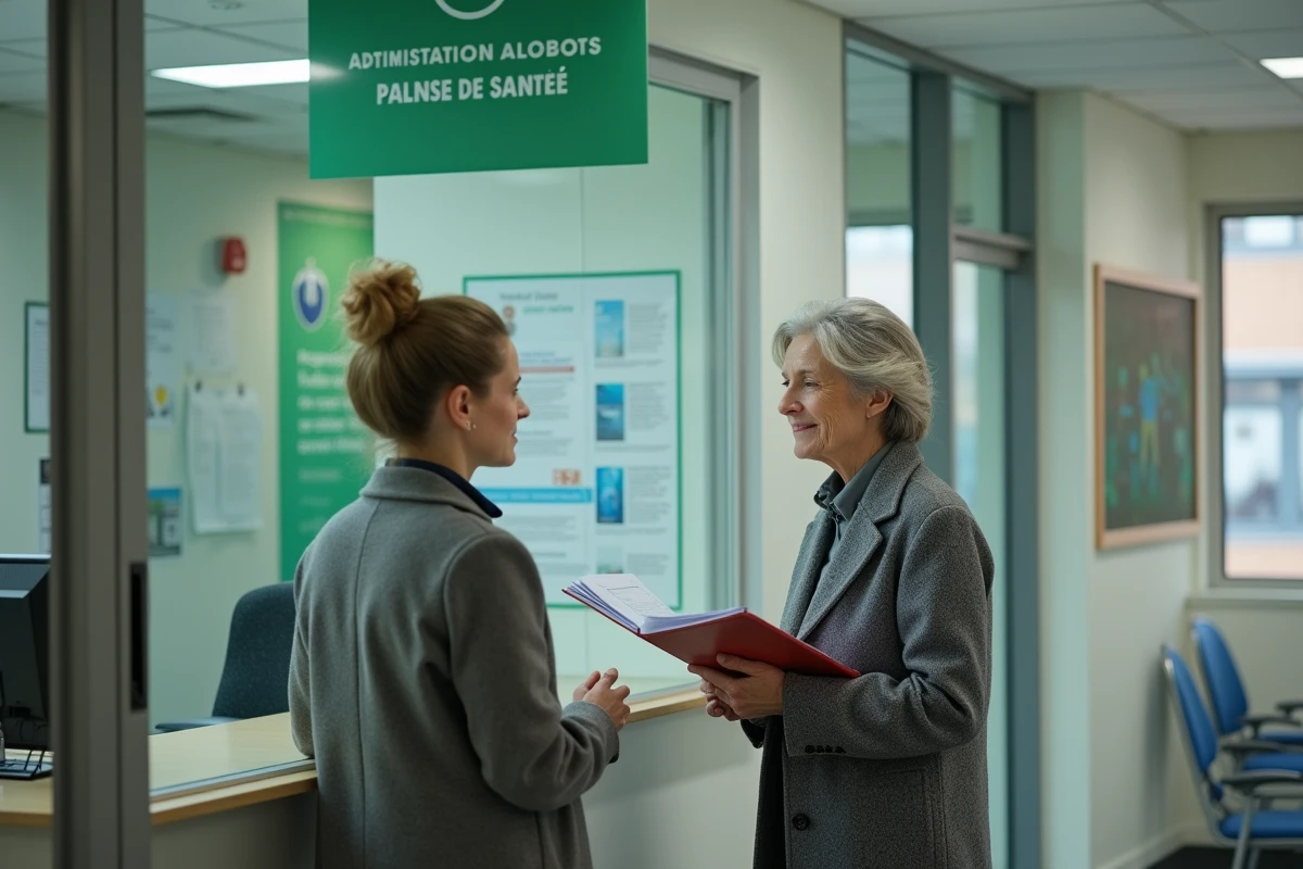 Patiente déposant des documents administratifs au guichet d'un centre de santé après un refus d'arrêt de travail