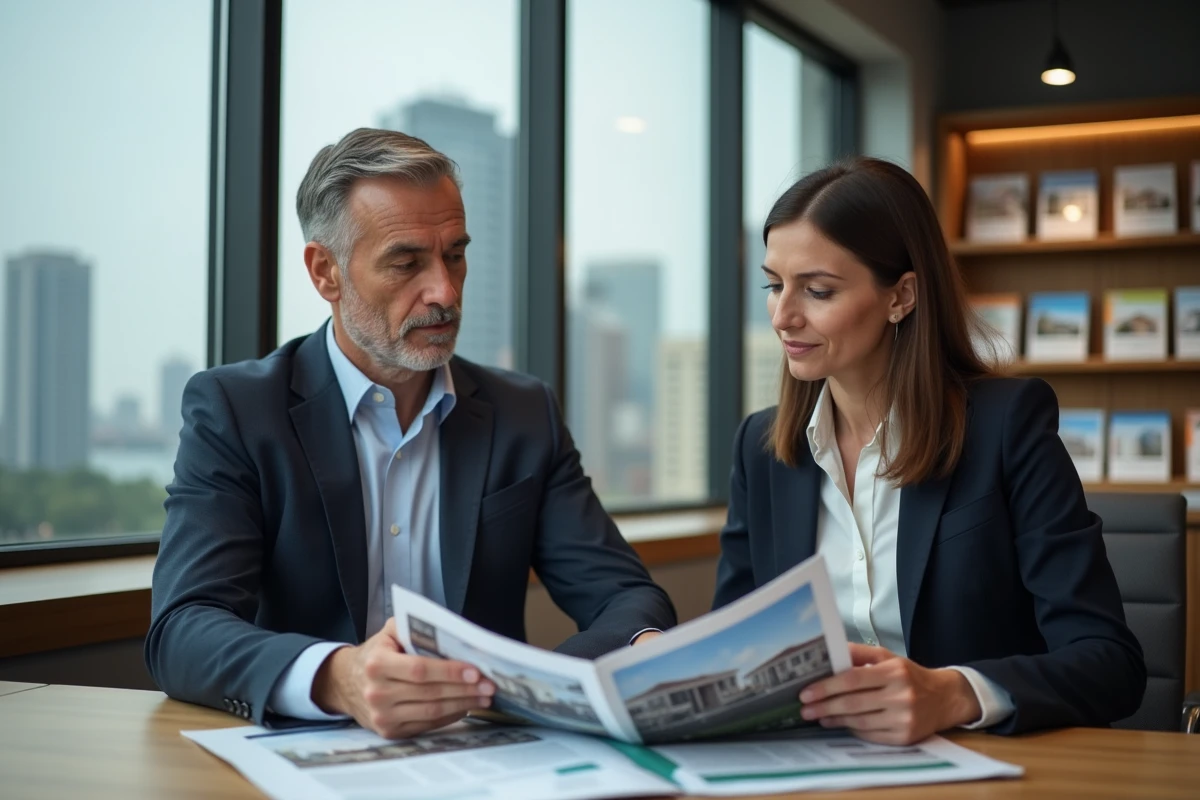 Couple en discussion autour d'un magazine immobilier en bureau