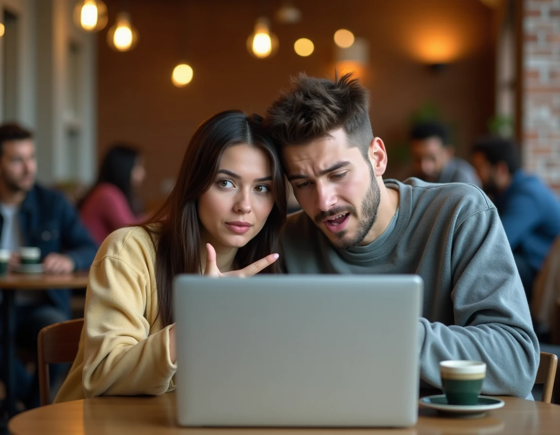 Deux personnes vérifiant ensemble la fiabilité d'une adresse de streaming sur un ordinateur dans un café