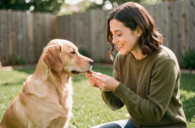 Femme entraînant son golden retriever dans un jardin, illustrant les conseils d'éducation canine