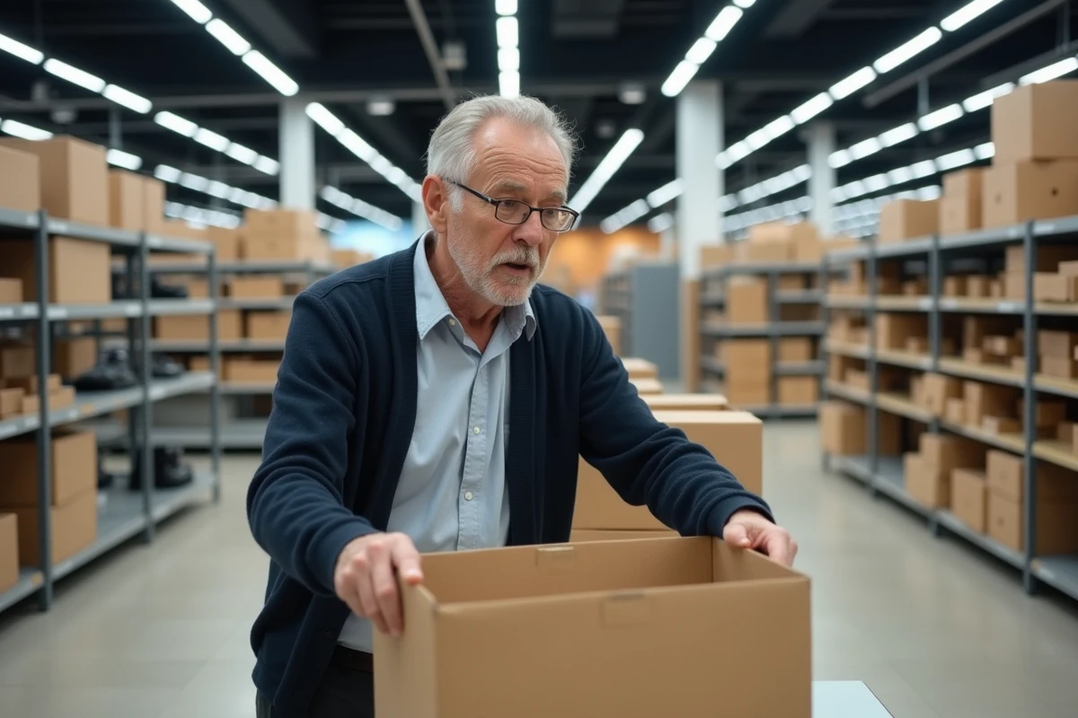 Employe rangeant des marchandises dans un magasin vide