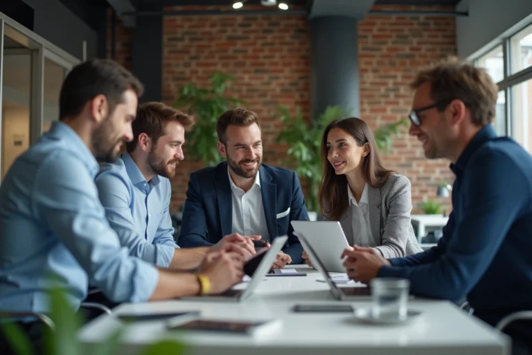 Equipe de professionnels en réunion d'innovation au bureau