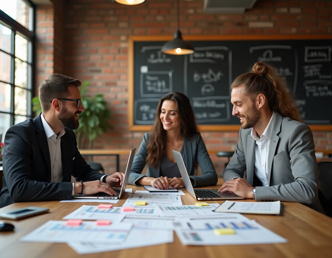 Équipe d'organisateurs d'événements analysant un budget pour inviter une célébrité autour d'une table avec documents et laptops