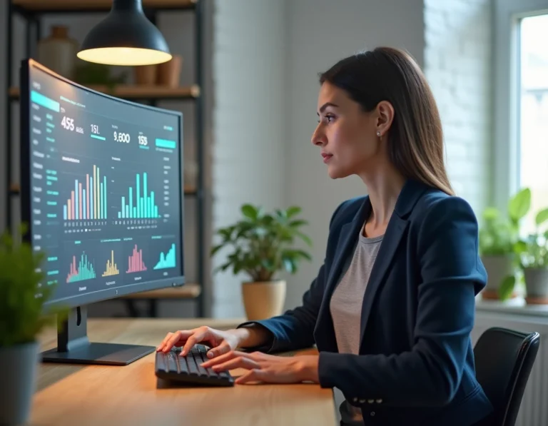 Femme professionnelle analysant des tableaux de bord de présence en ligne sur un grand écran dans un bureau moderne