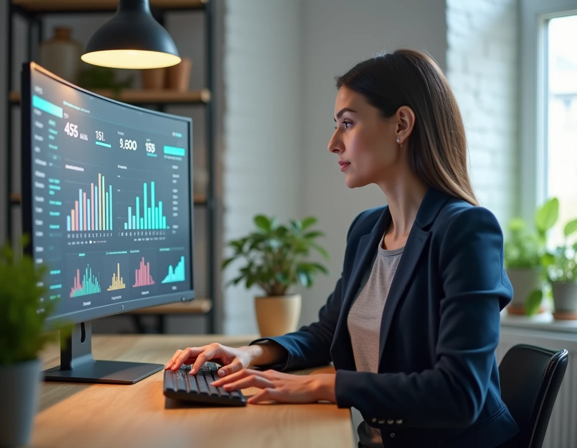 Femme professionnelle analysant des tableaux de bord de présence en ligne sur un grand écran dans un bureau moderne