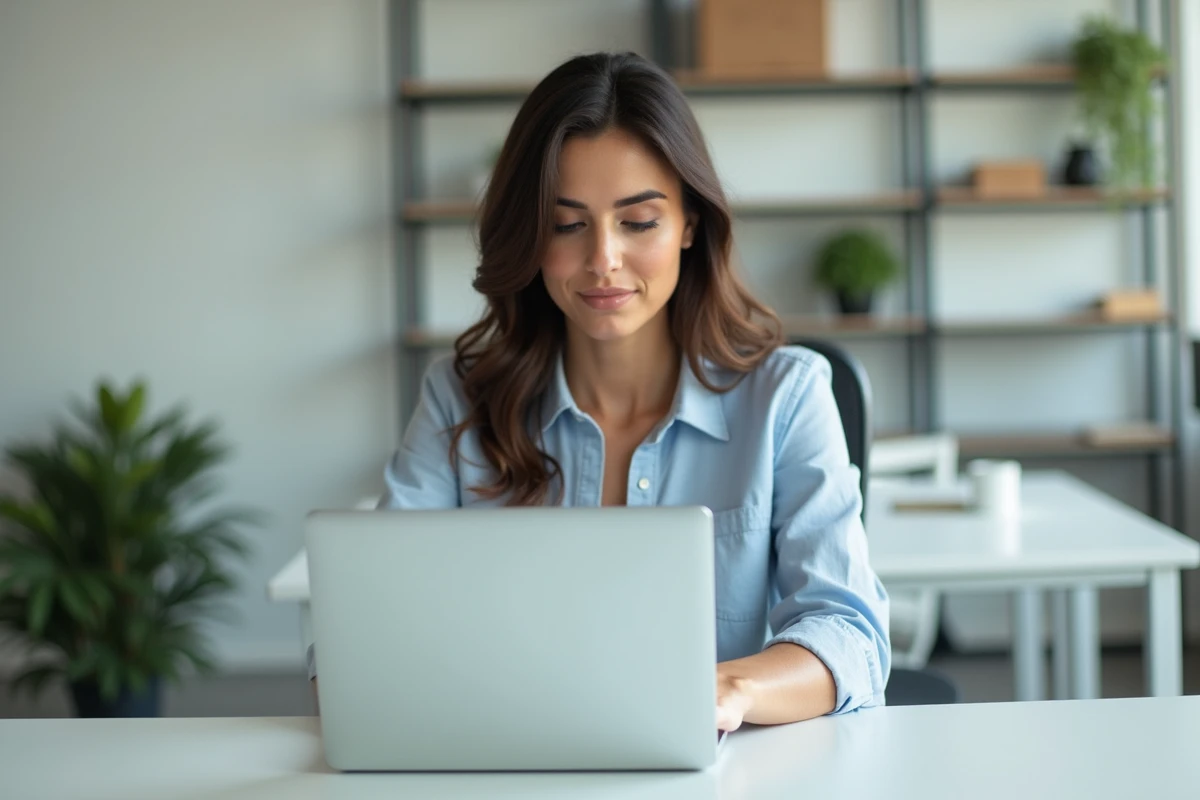 Femme en bureau regardant son email sur un ordinateur