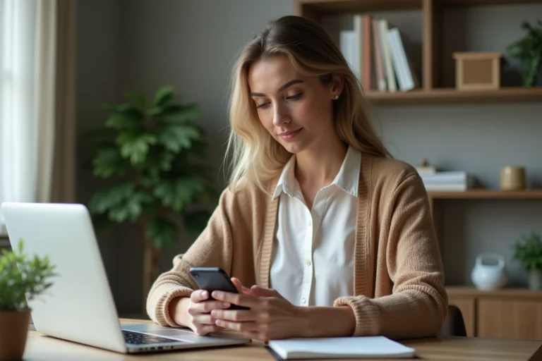 Femme en bureau moderne avec smartphone et ordinateur