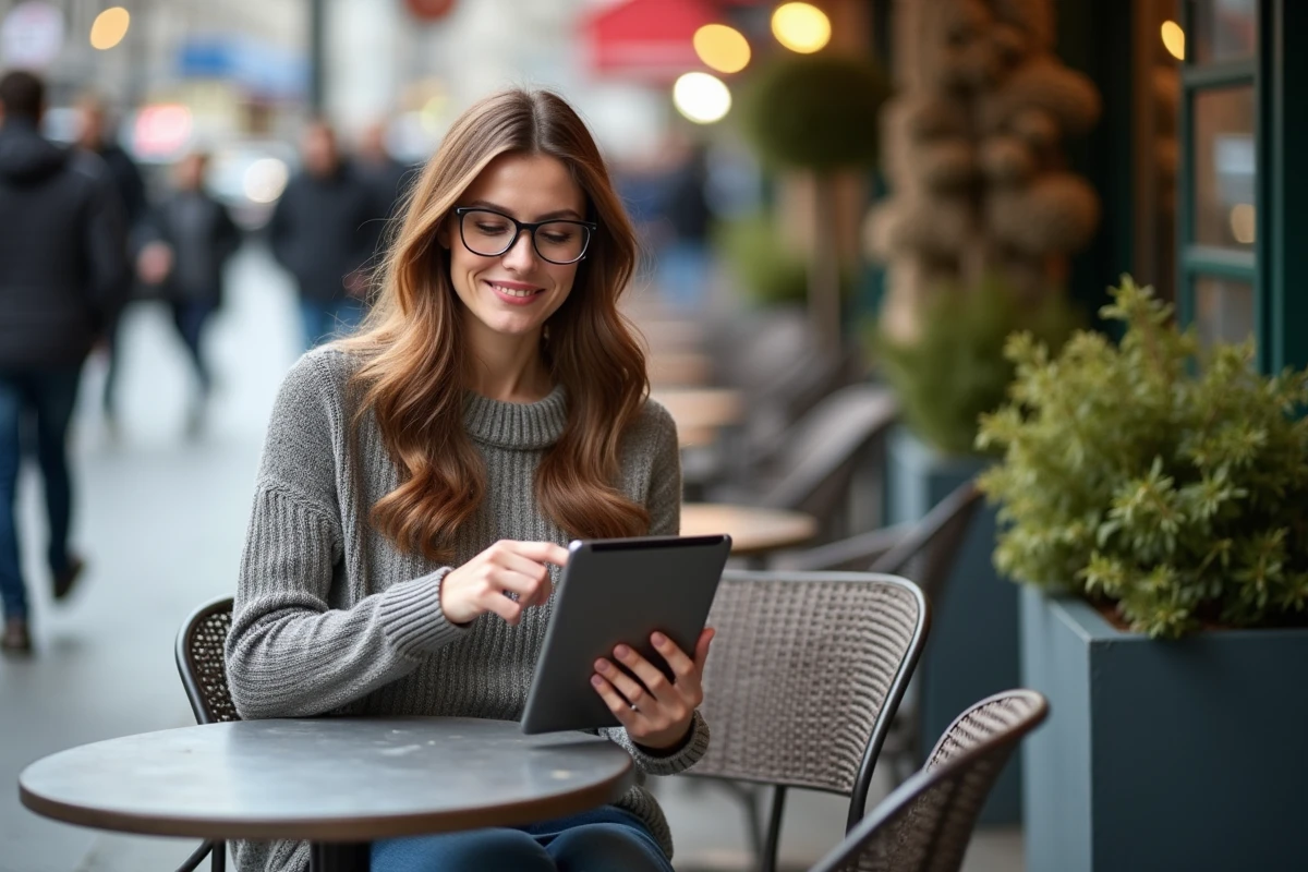 Femme souriante pointant son écran de tablette en extérieur