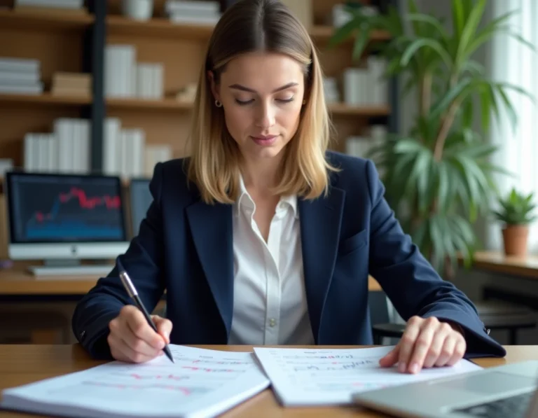 Femme débutante en bourse analysant des graphiques boursiers à son bureau à domicile