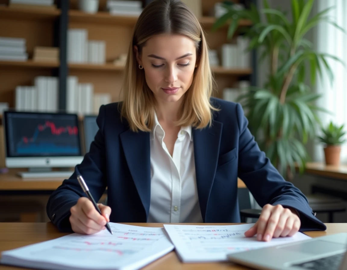 Femme débutante en bourse analysant des graphiques boursiers à son bureau à domicile