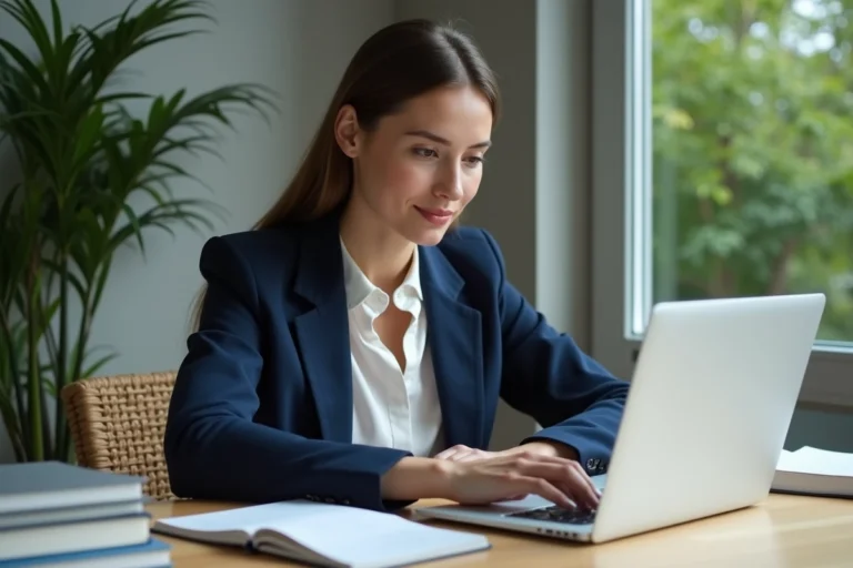 Femme en télétravail concentrée sur son ordinateur à la maison