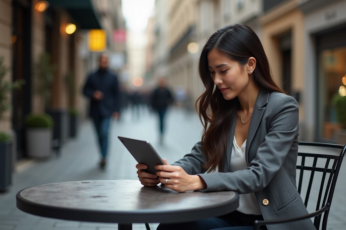 Jeune femme consultatnt des actualités immobilières sur une tablette en ville