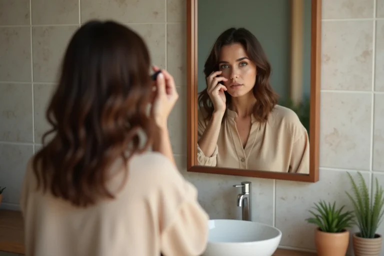 Femme appliquant du mascara devant un miroir de salle de bain