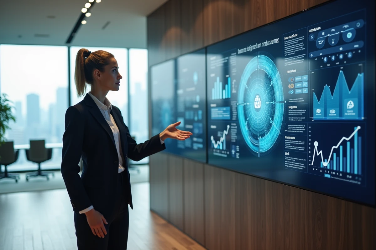 Femme en présentation avec infographies sur écran interactif
