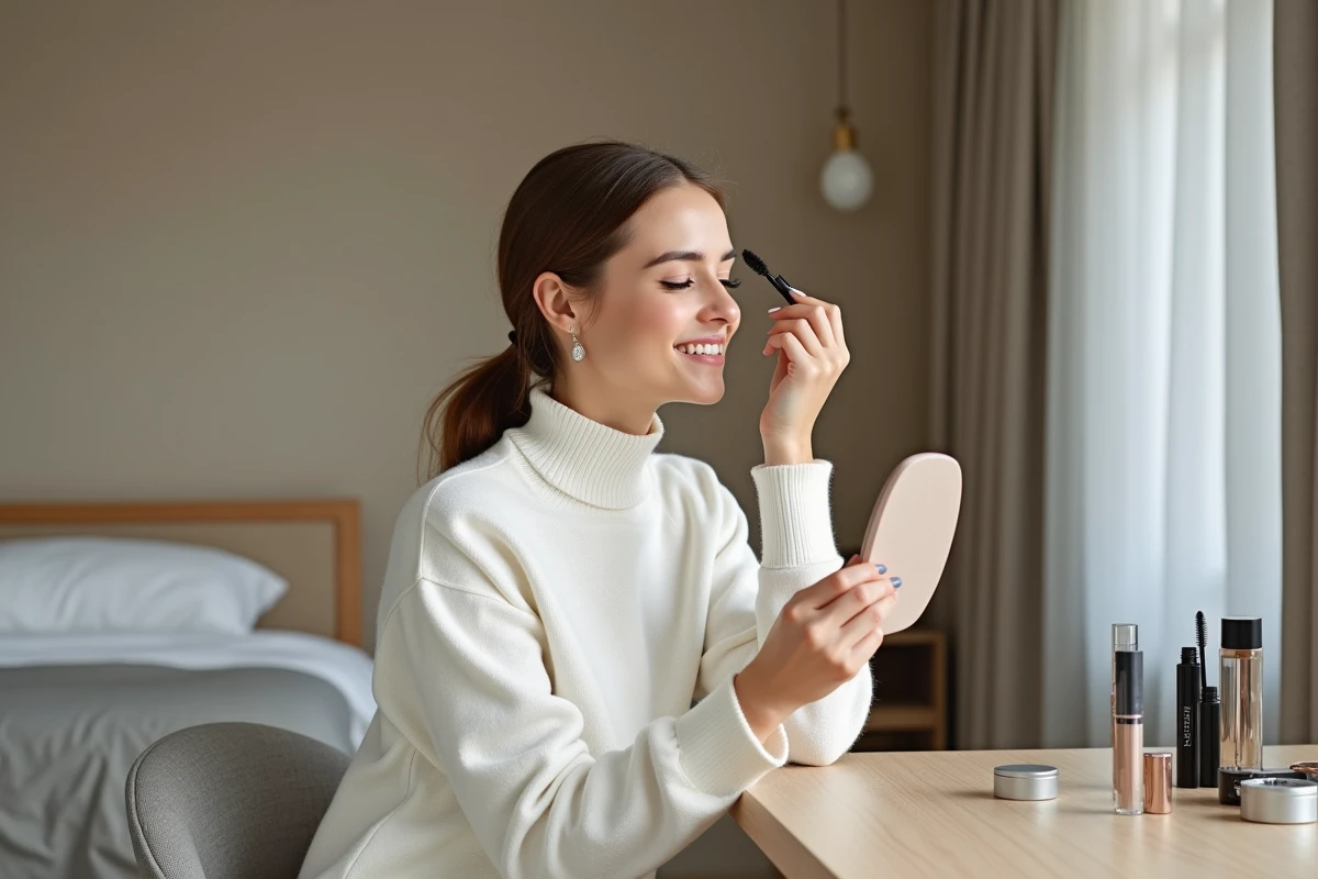 Jeune femme vérifiant ses cils avec un miroir dans la chambre